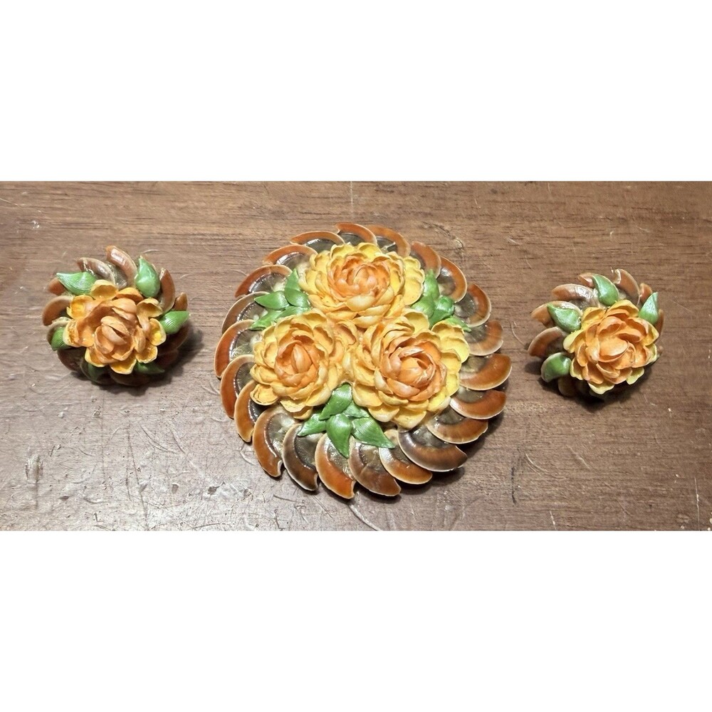 Vtg MCM Celluloid and Shell Yellow/Orange Flower Brooche & Clip On Earrings Set